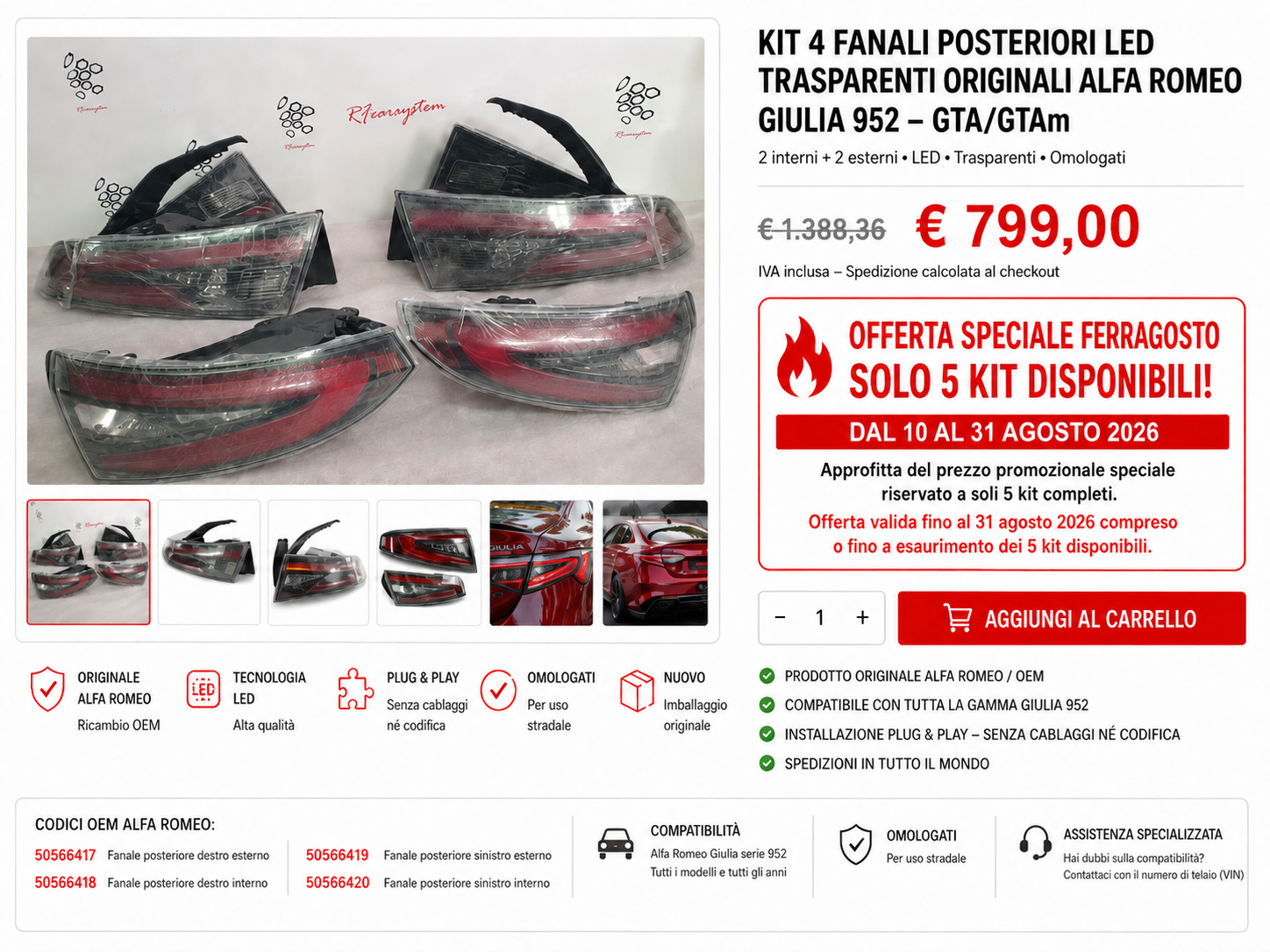 Kit 4 Fanali Posteriori LED Trasparenti Originali Alfa Romeo Giulia 952 – GTA/GTAm